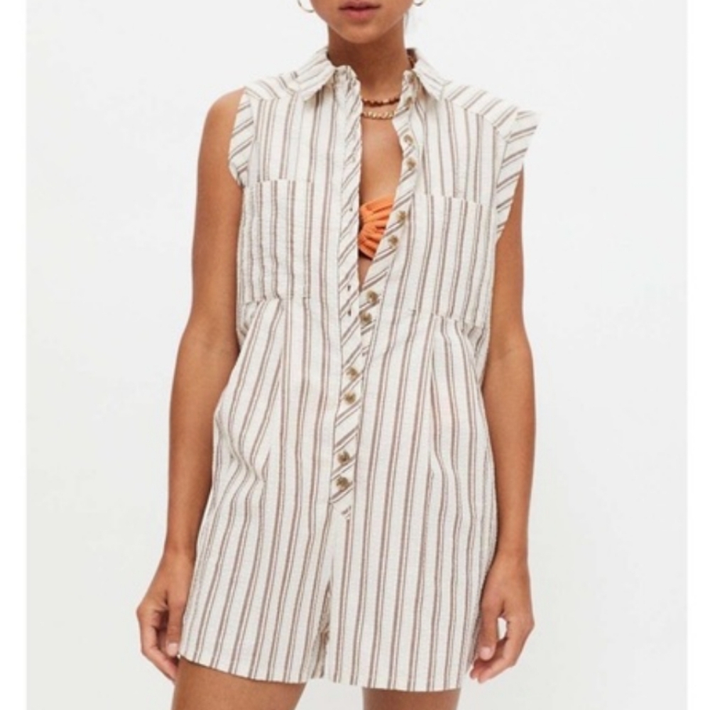 Urban Outfitters Zoey Workwear Romper Women's M Cream Brown Boho Retro 90s